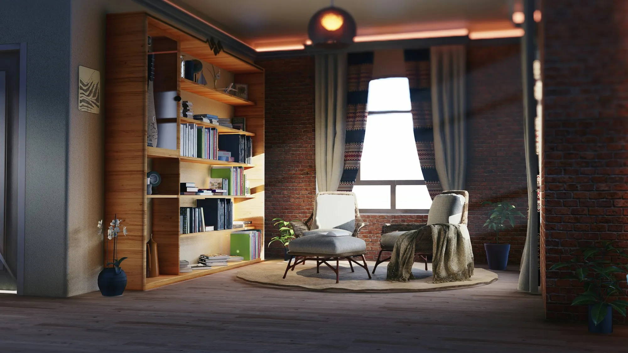 Library corner with timber shelves and reading chairs